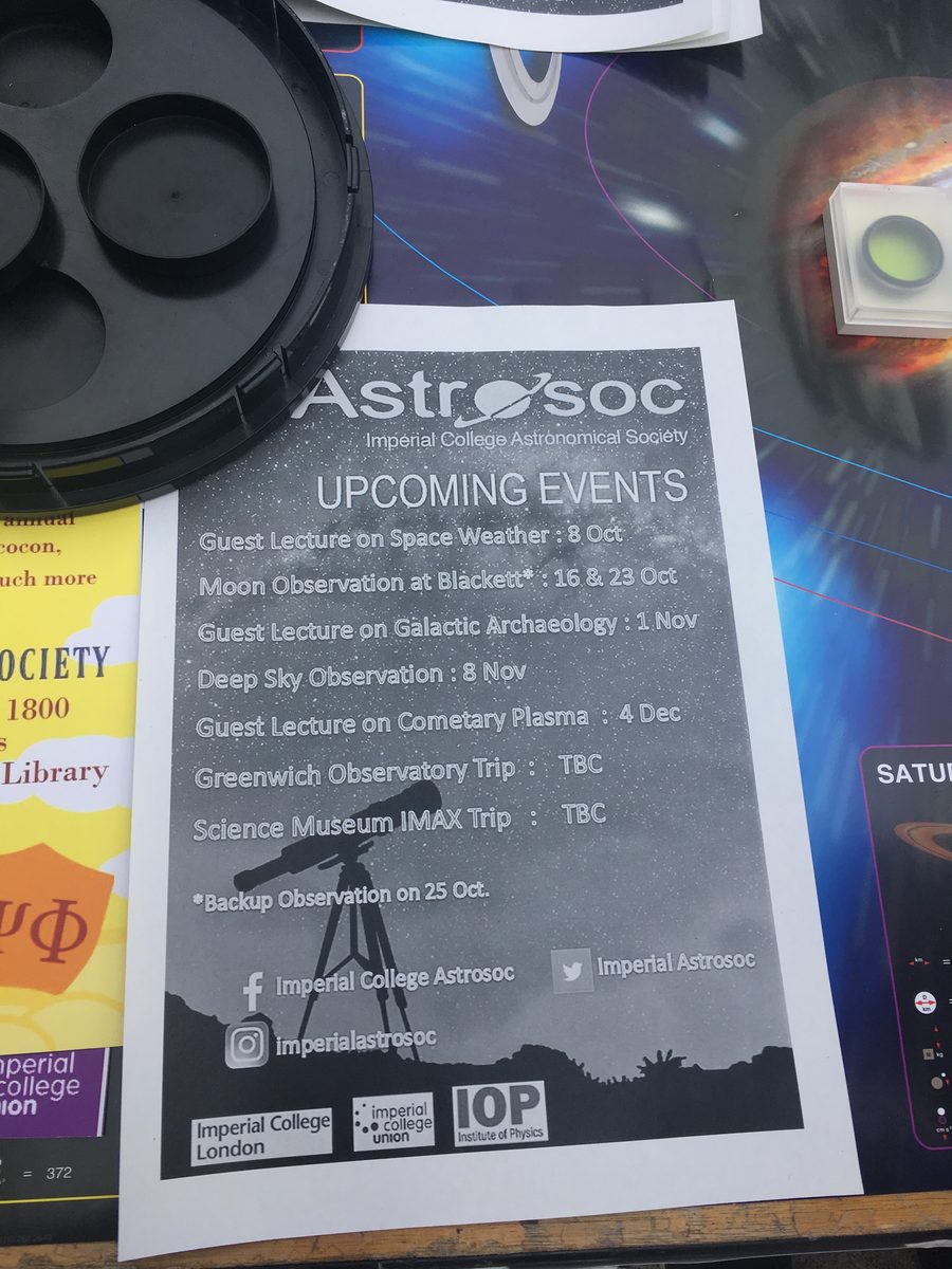 Imperial College Astronomical Society events poster and telescope eyepieces