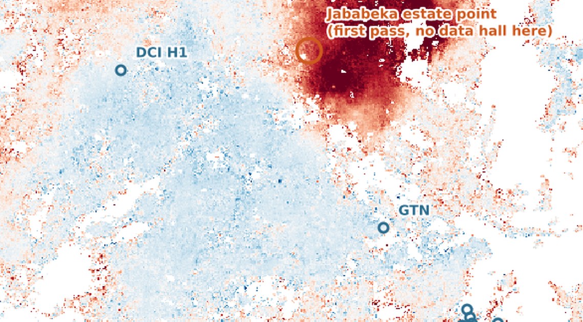 Line of sight velocity map of the Cikarang area east of Jakarta, with data center sites marked on a subsidence map