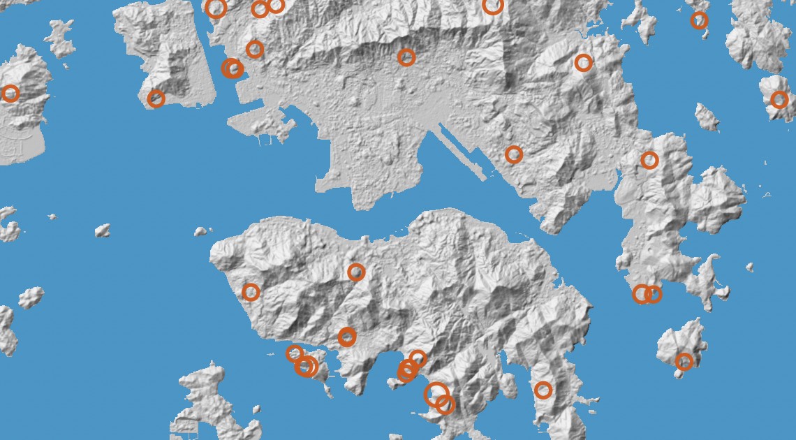 Hillshade map of Hong Kong with landslide candidate detections circled after the September 2023 black rainstorm