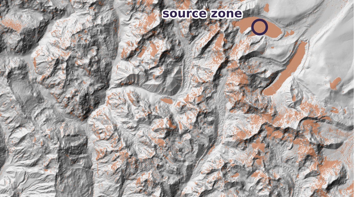 Hillshade map of the upper Lhende catchment with radar dark areas shaded on the glaciated source zone